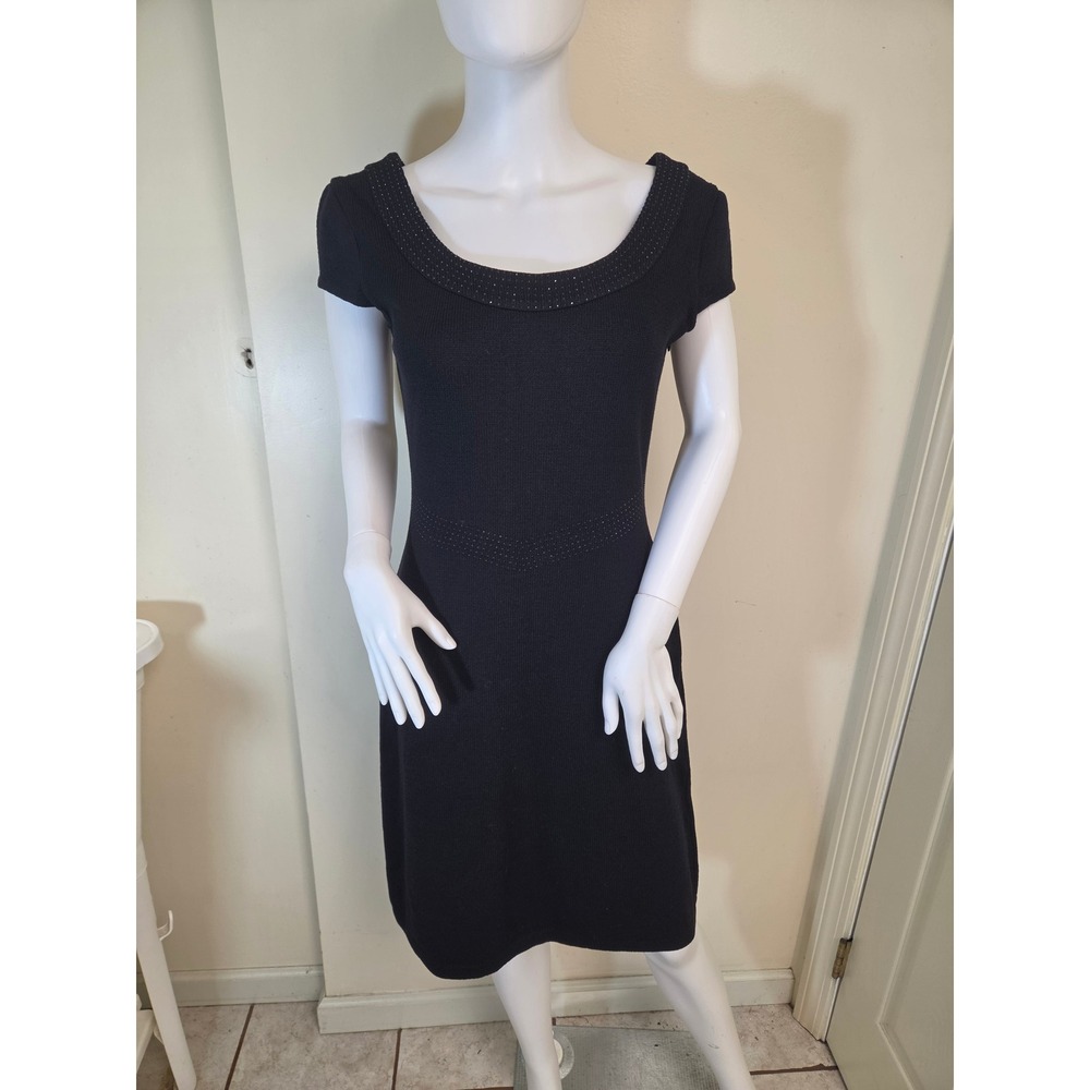 St. John Evening Black wool Knit Rhinestone Scoop Neck Sheath Dress Size 6